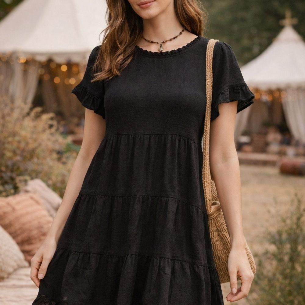 Black Tiered Mini Dress S Cottagecore Dark Academia Romantic Babydoll Prairie
